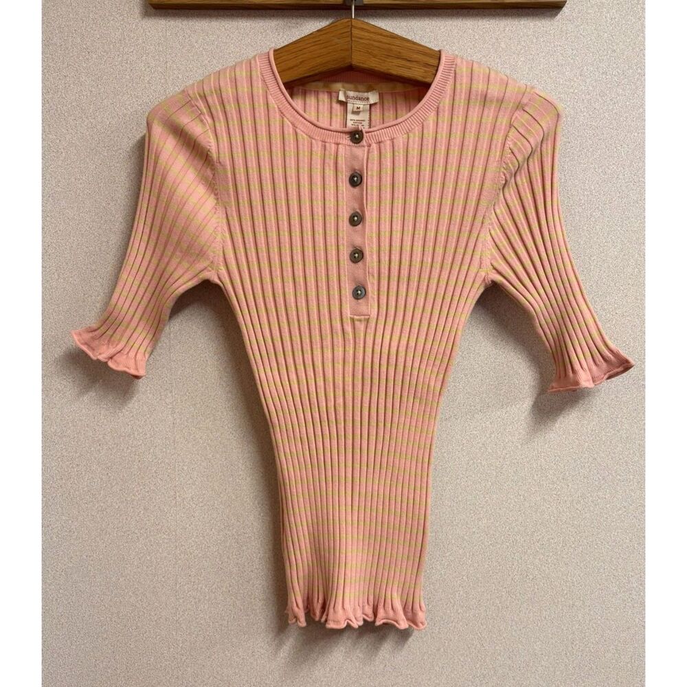 Sundance Living Legend Henley Pink Yellow/Lime Striped Rib Knit Y2K Boho NWOT MD